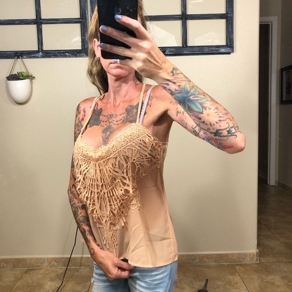 Tops - Nude Crochet Lace Cami Tank Top